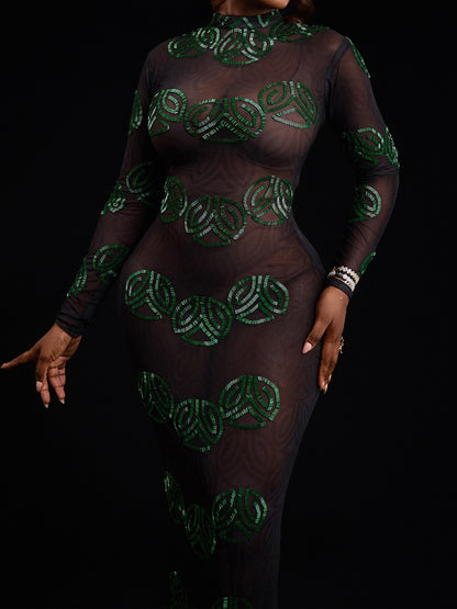 See-through Shinny Flare Sleeve Maxi Dress