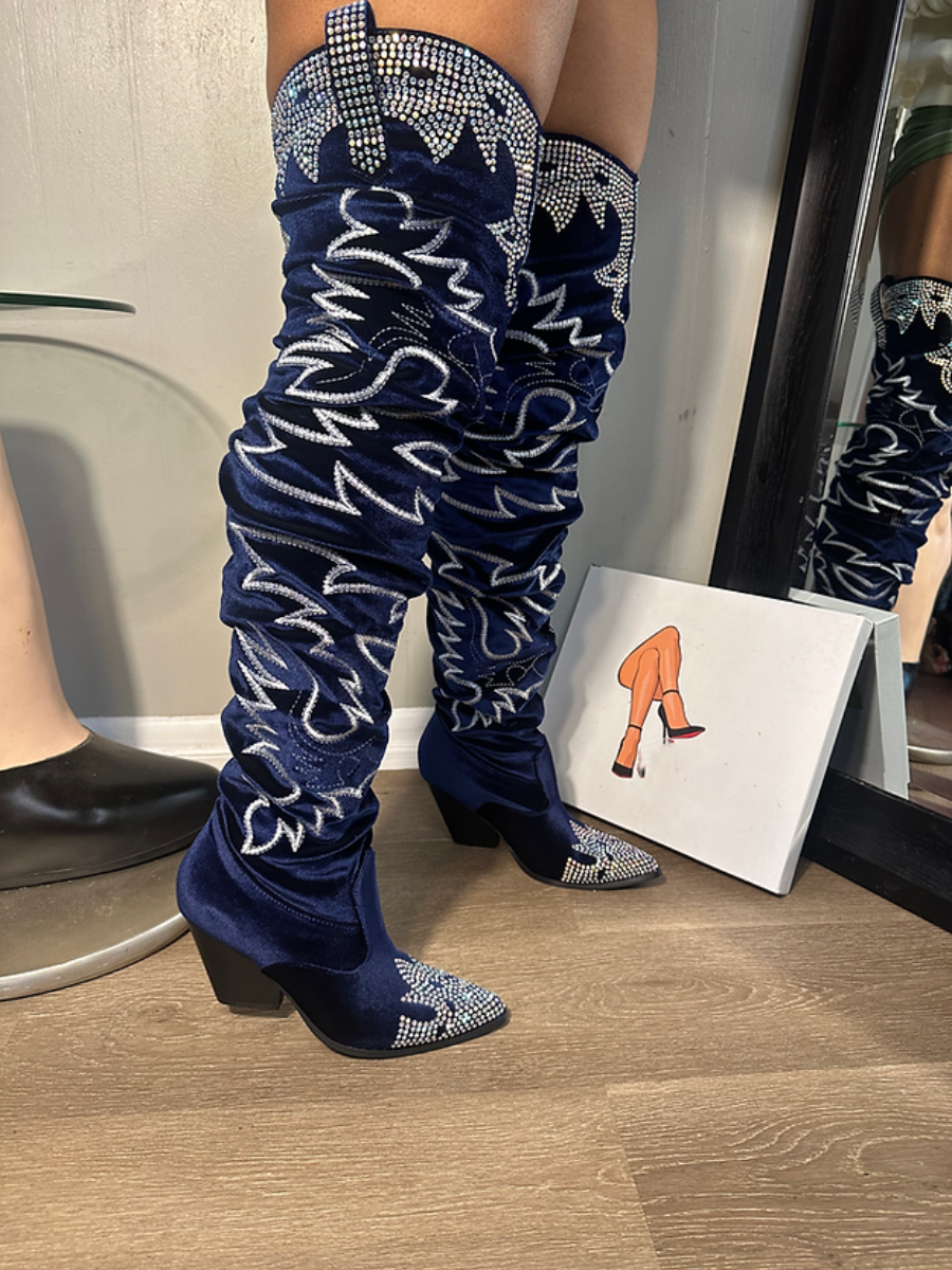 Velvet Rhinestone Embroidered Knee-high Boots