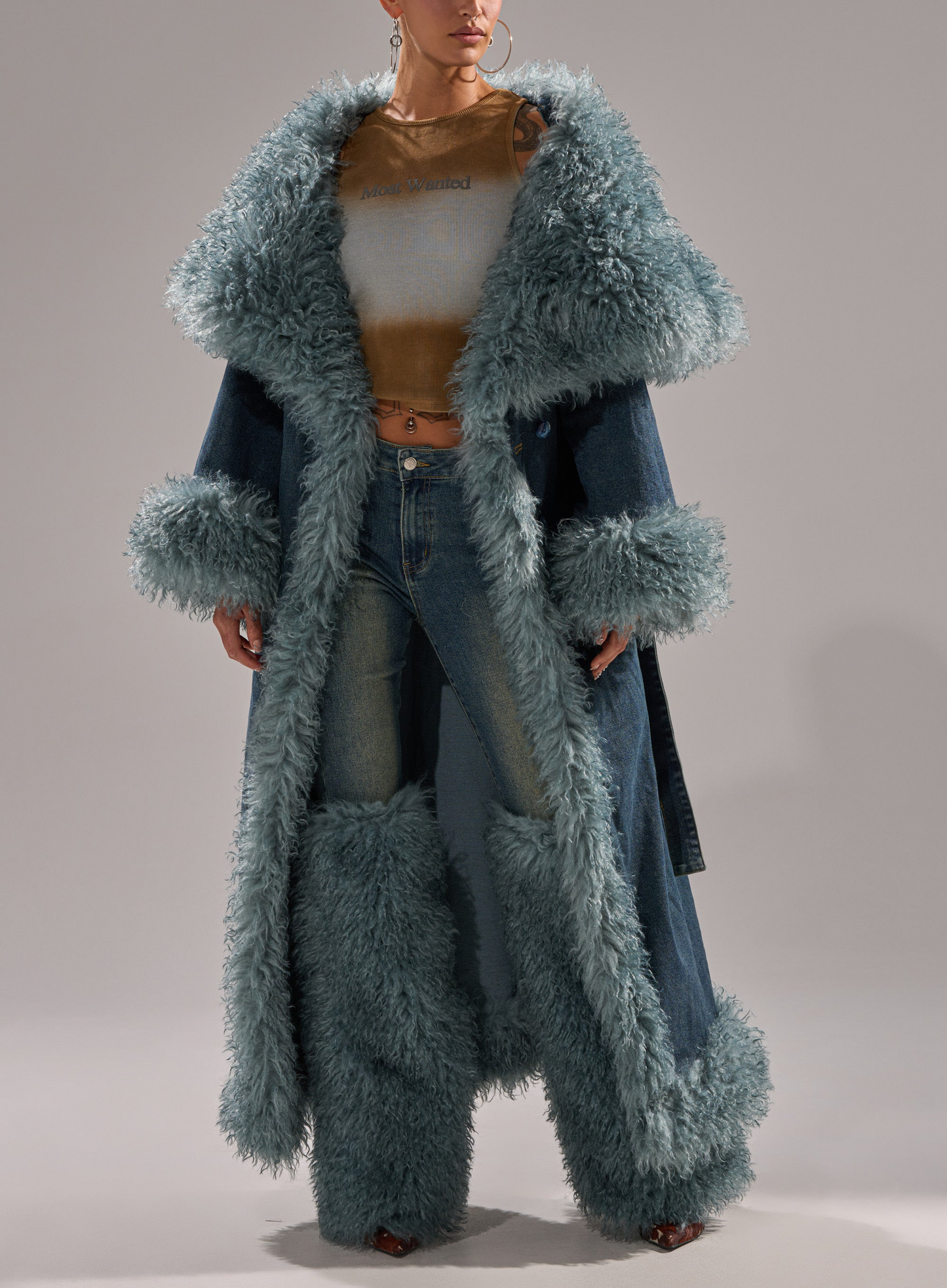 Oversized Lapel Fur Trim Denim Trench