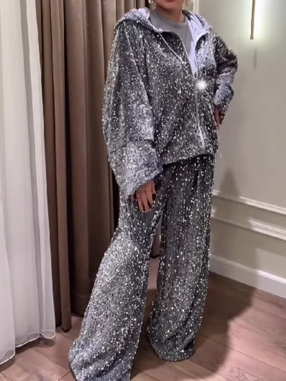 Velvet Sequin Zip Hooded Set