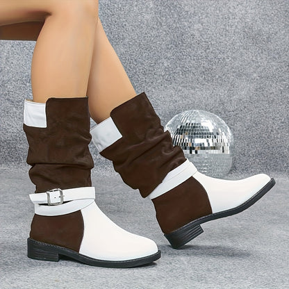 Chunky Heel Color-blocked Metal Buckle Embellished Boots