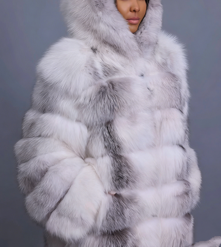 Long Length Fox Fur Trench Coat With Hood