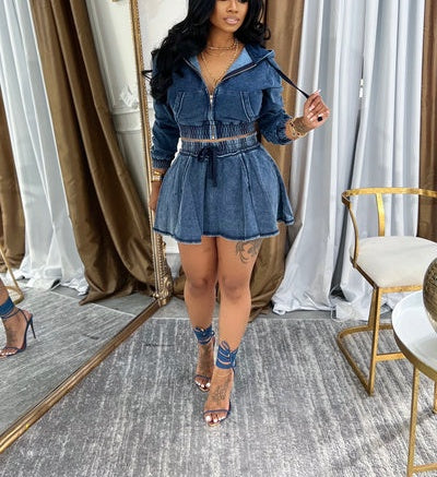 Denim Cropped Long Sleeve Hooded Zip-Up Top and Skirt Set