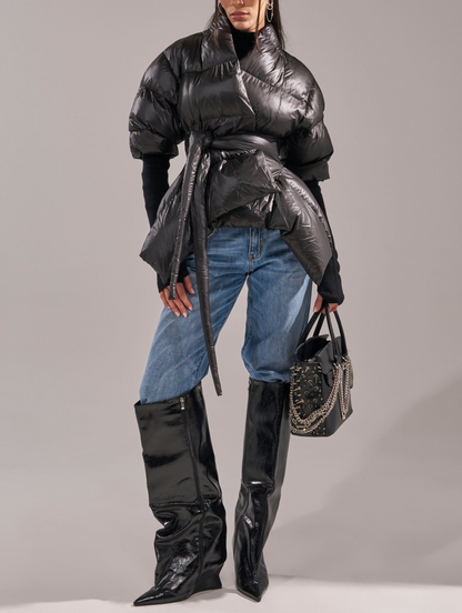 Ribbed Ruffled Puff Sleeve Jacket