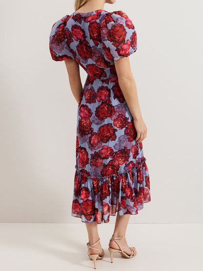 Printed Puff Sleeve Midi Dress