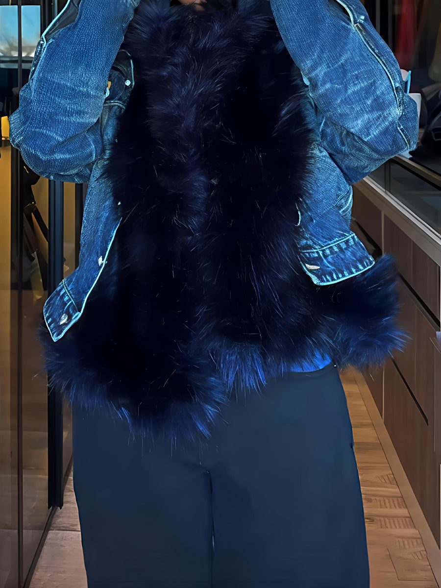 Treated Faux Fur Cinched Jacket Blue And Black