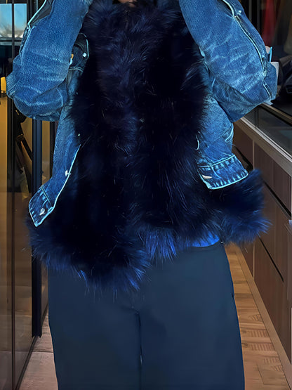 Treated Faux Fur Cinched Jacket Blue And Black