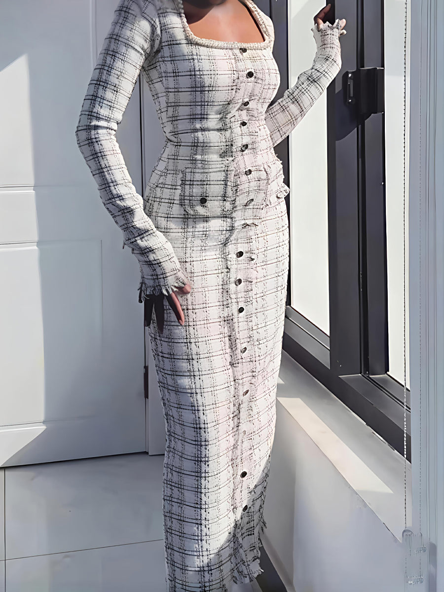 Faux Pearl Square Collar Tweed Dress