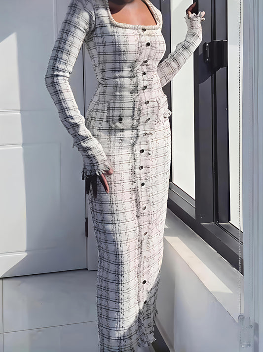 Faux Pearl Square Collar Tweed Dress