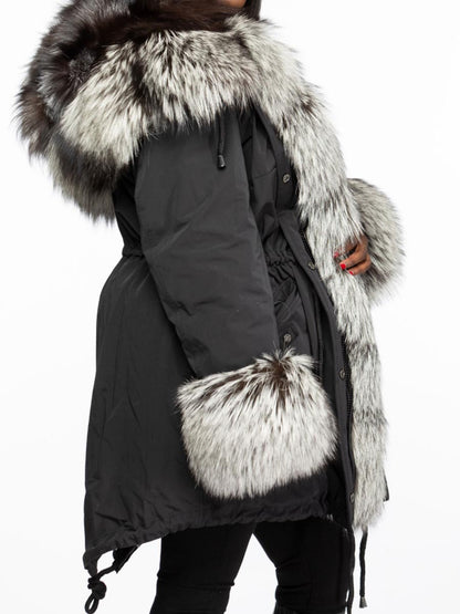 Faux Fox Fur Warm Hooded Collar Fur Coat