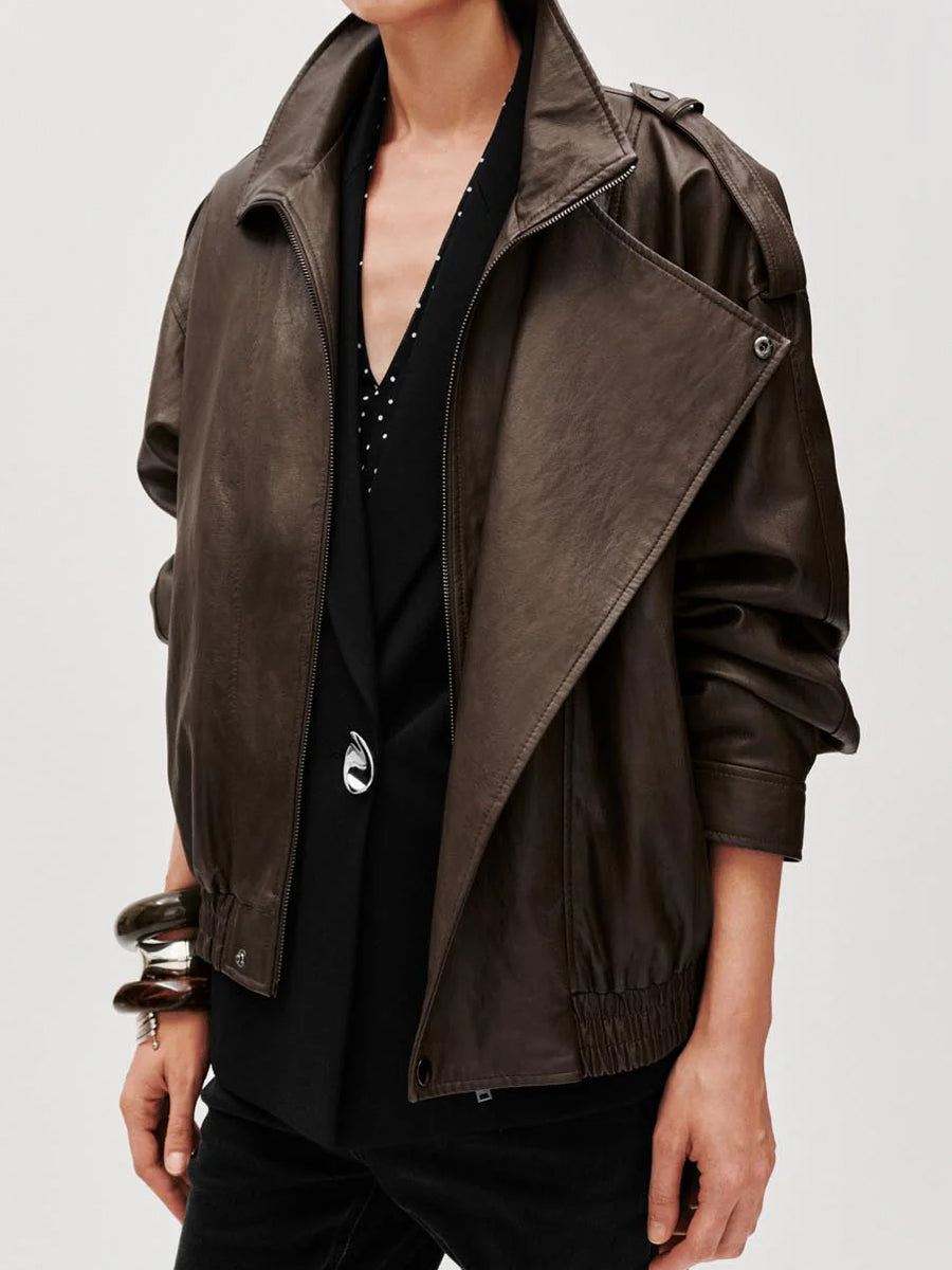 Tie Asymmetric Faux Leather Bomber Jacket
