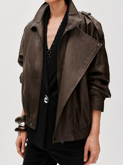 Tie Asymmetric Faux Leather Bomber Jacket