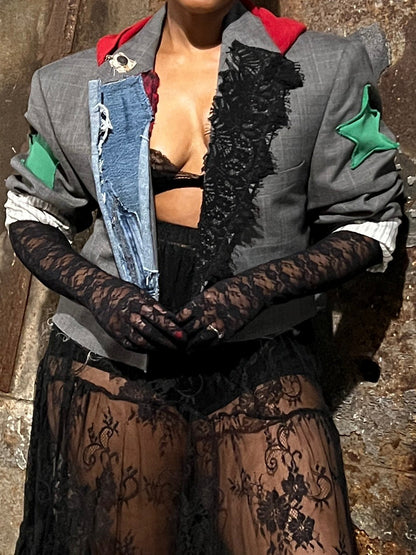 Hooded Collar Patchwork Long Sleeve Blazer