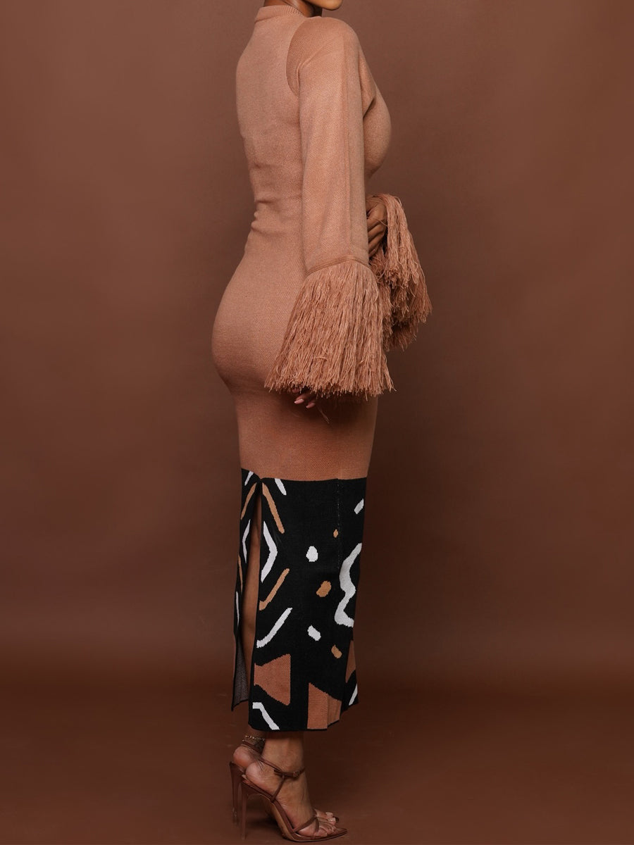 Printed Patchwork Fringed Knit Maxi Dress