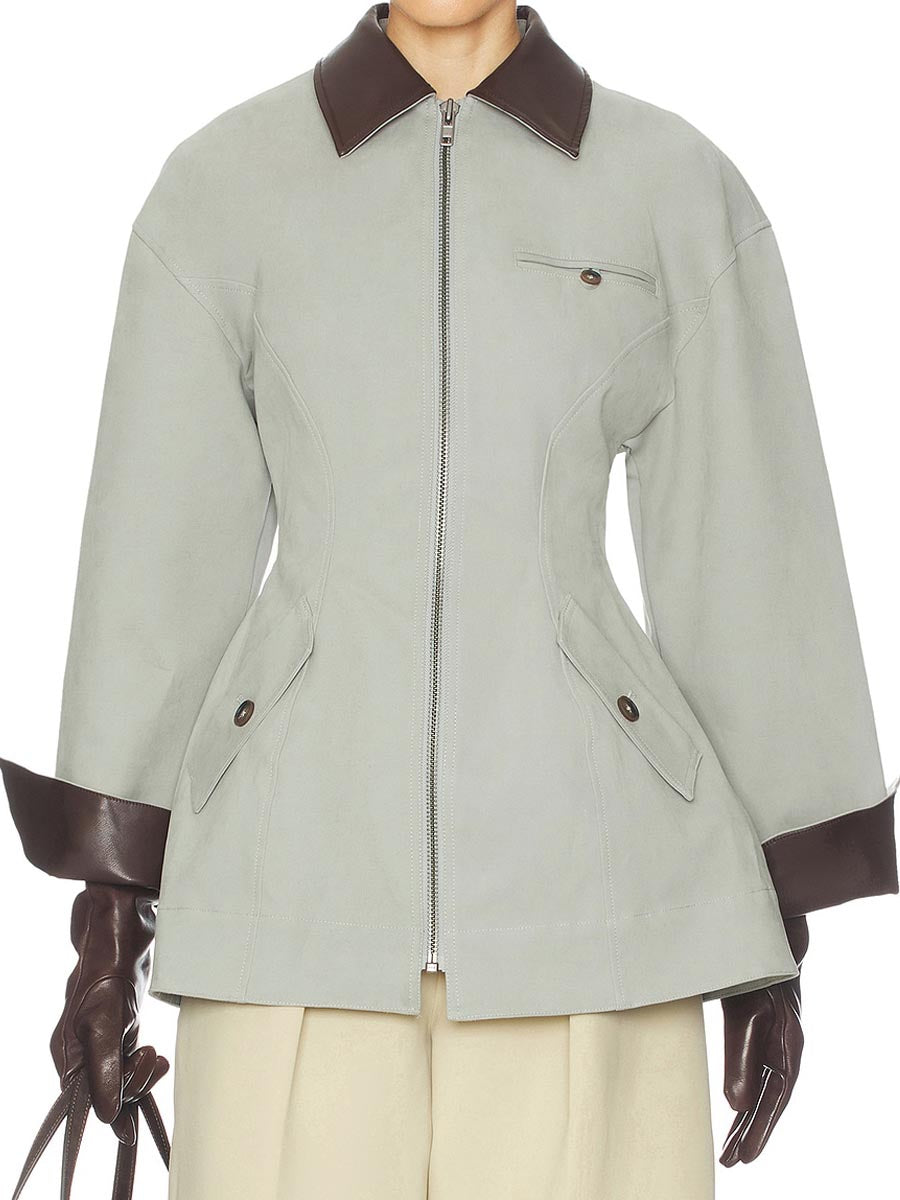 Faux Leather Collar Patchwork Zip Up Jacket