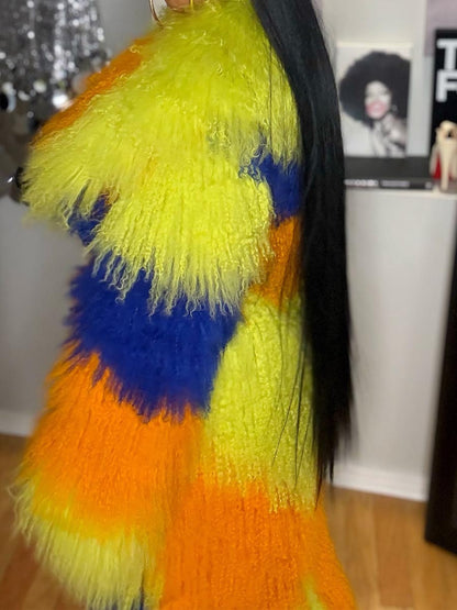 Wide Foldover Collar Fur Colorblock Coat