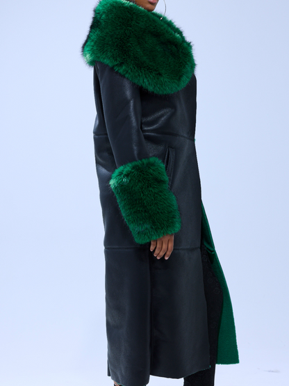 Green Fur-Trim Faux Leather Coat