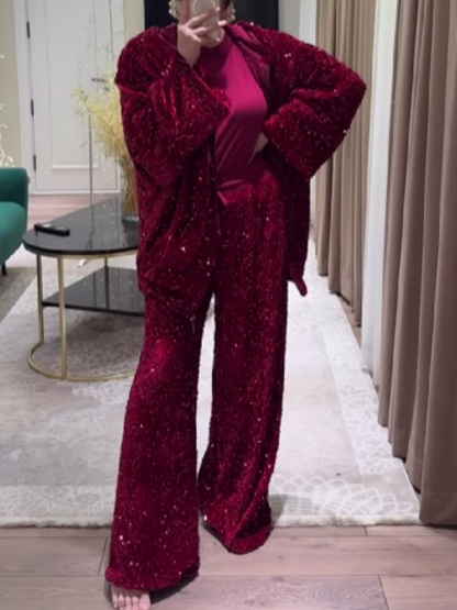 Velvet Sequin Zip Hooded Set