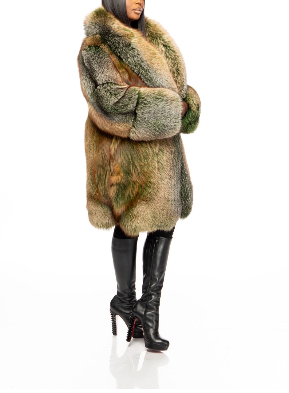 Green Trinity Mid Length Faux Fox Fur Coat