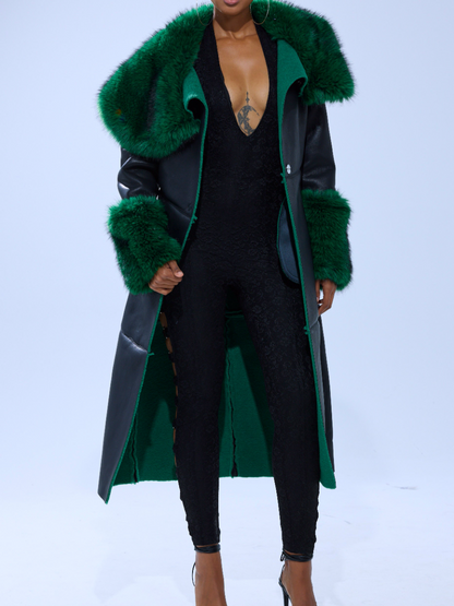 Green Fur-Trim Faux Leather Coat
