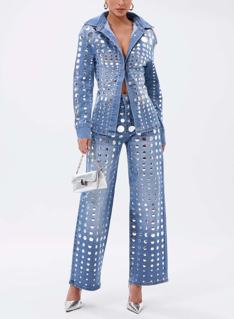 Round Metal Decoration Blue Denim Suit