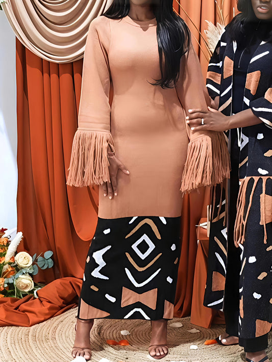 Printed Patchwork Fringed Knit Maxi Dress