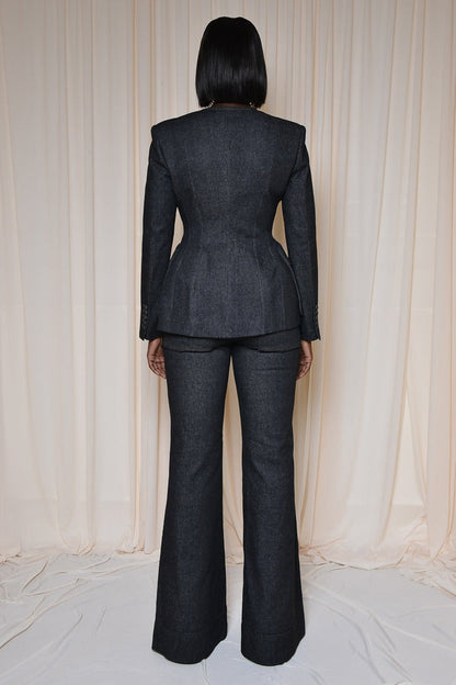 Double-breasted Tailored Blazer In Black Denim& Flared Pants
