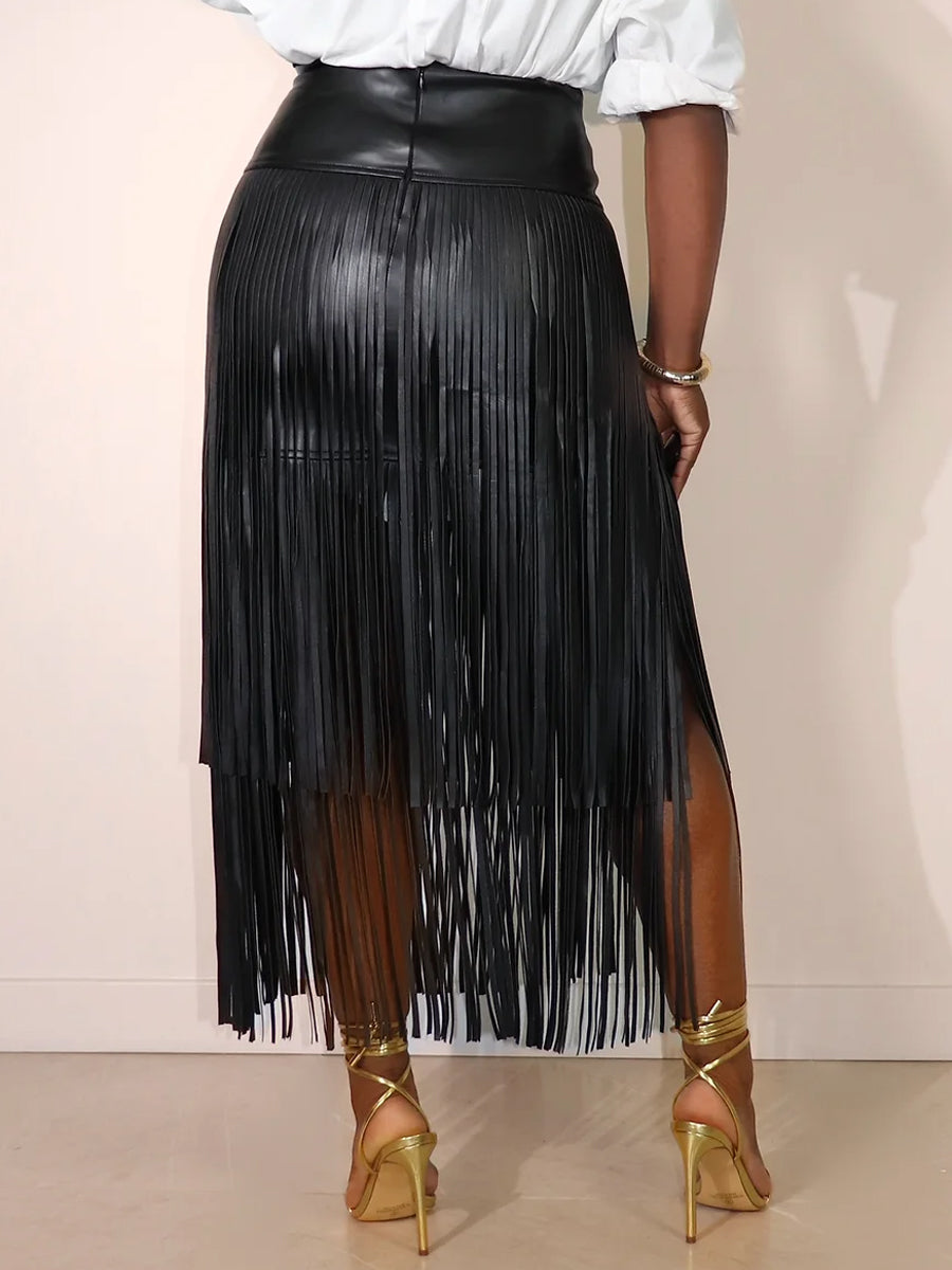 Fringe Faux Leather Maxi Skirt