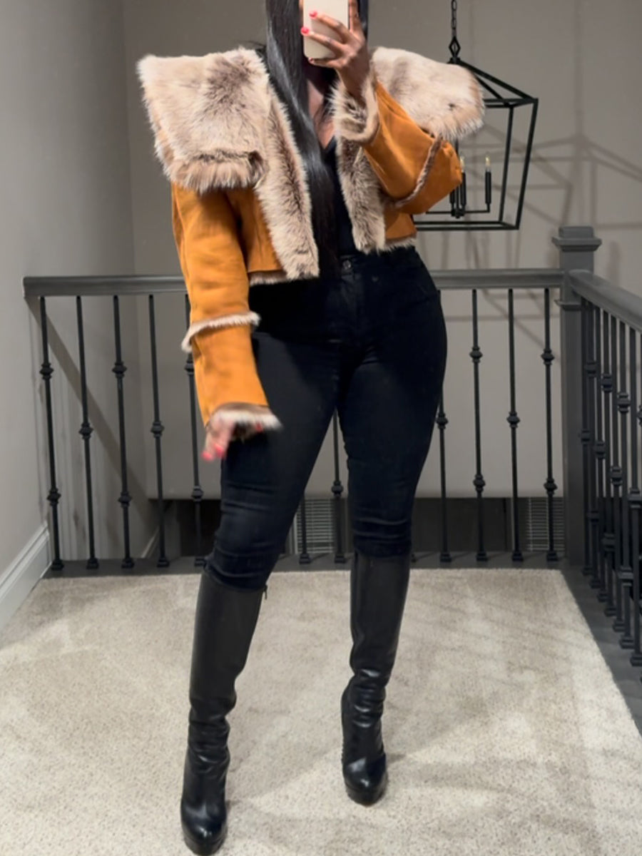 Faux Fox Fur Trimmed Hooded Collar Coat