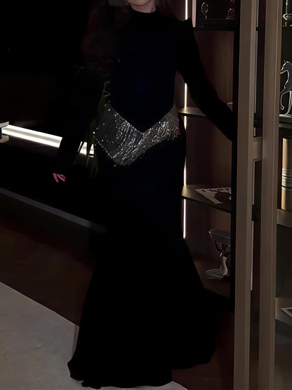 Gorgeous Rhinestone Sparkle Tassels Slim Maxi Dress