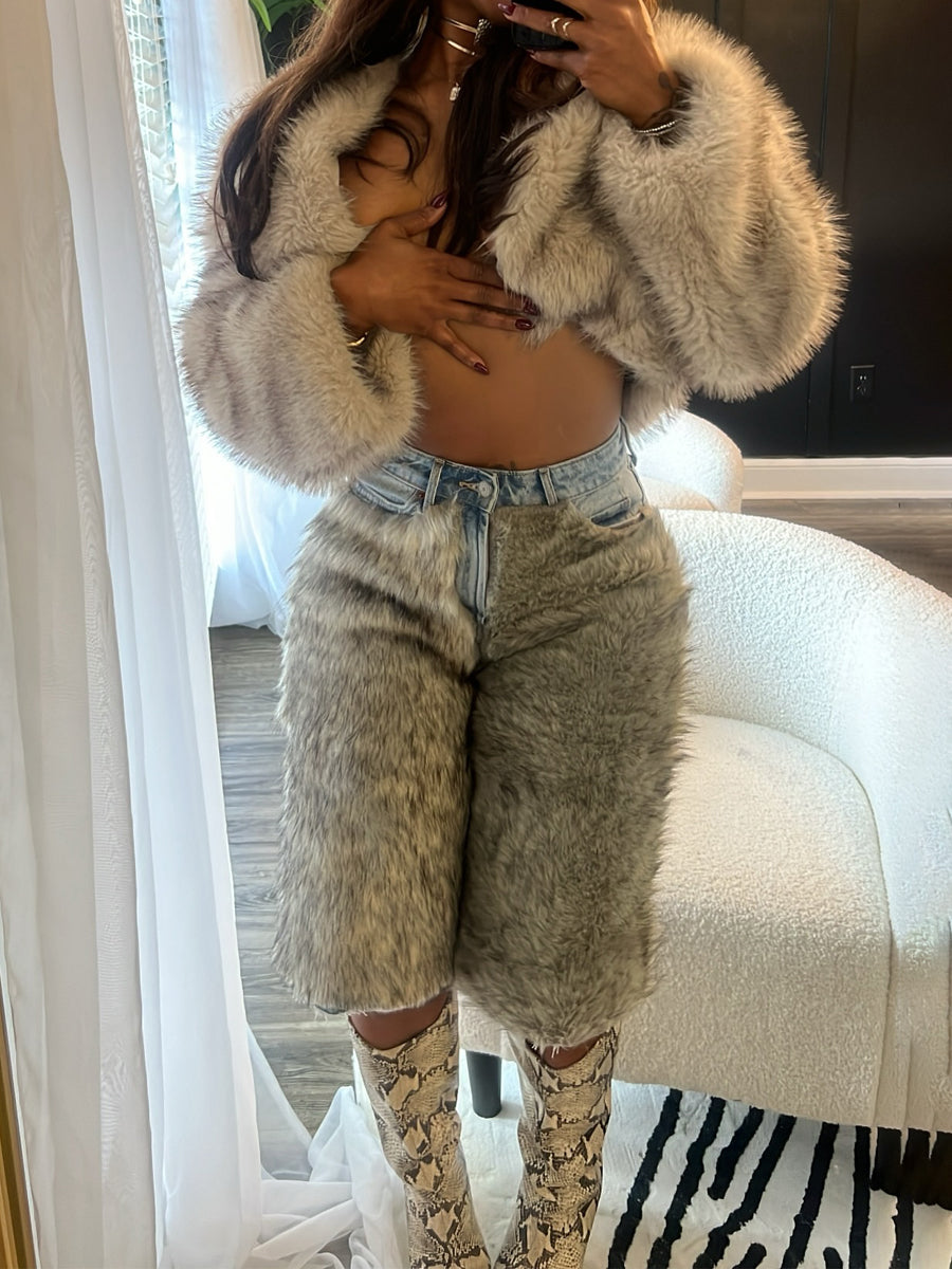 Faux Fur Patchwork Denim Pants
