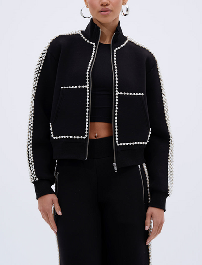 Metal Ball Decorated Zipper Sweatshirt Pants Suit