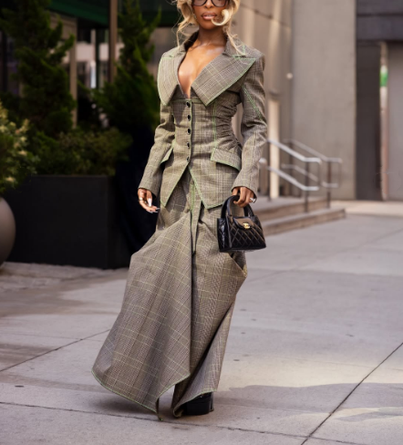 Stylish Oversize Lapel Plaid Suit Skirt Suit