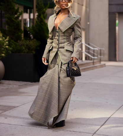 Stylish Oversize Lapel Plaid Suit Skirt Suit