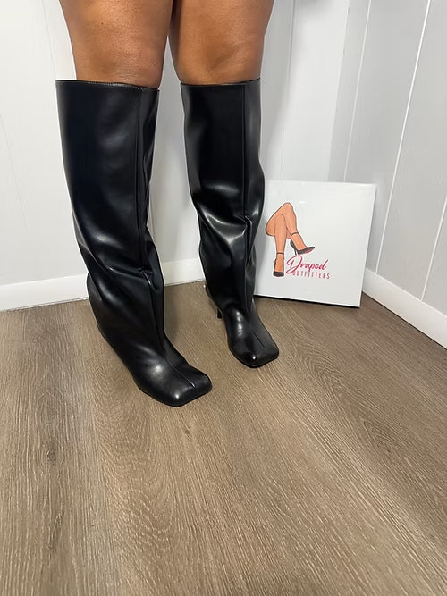 PU Camel Toe Knee High Kitten Heel Boots