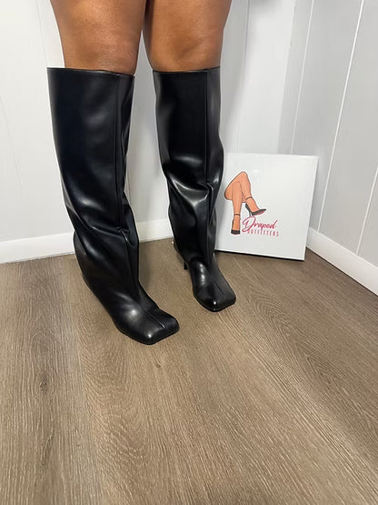 PU Camel Toe Knee High Kitten Heel Boots