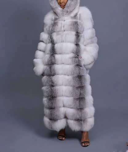 Long Length Fox Fur Trench Coat With Hood