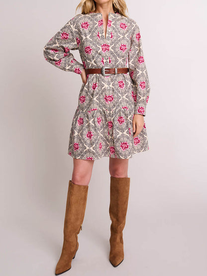Printed Long Sleeve A-line Mini Dress