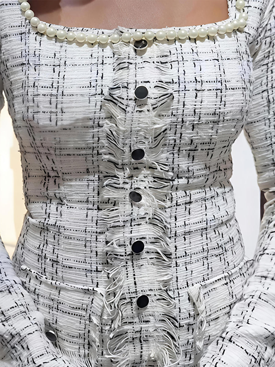 Faux Pearl Square Collar Tweed Dress