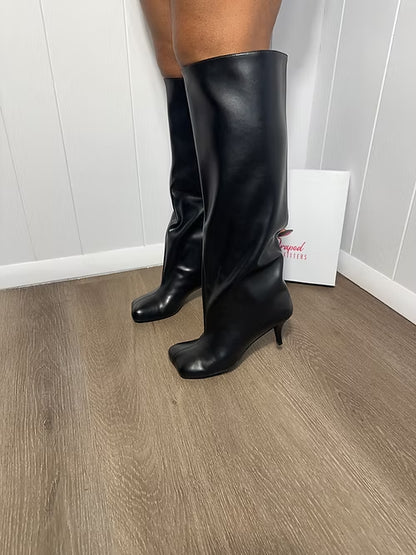 PU Camel Toe Knee High Kitten Heel Boots