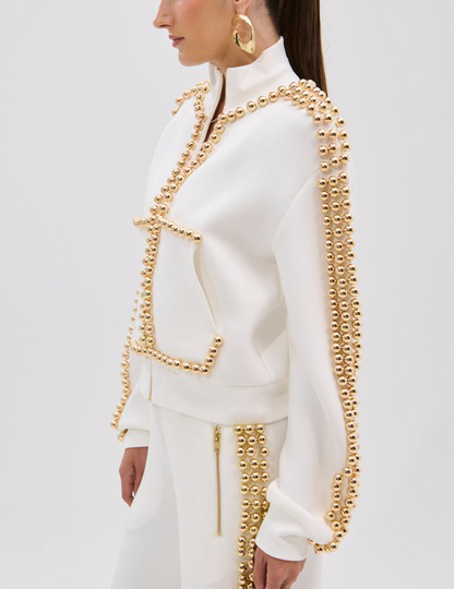 Metal Ball Decorated Zipper Sweatshirt Pants Suit