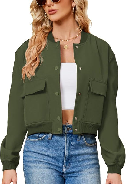 Fashion Thread Double Pocket Cropped Bomber Jacket