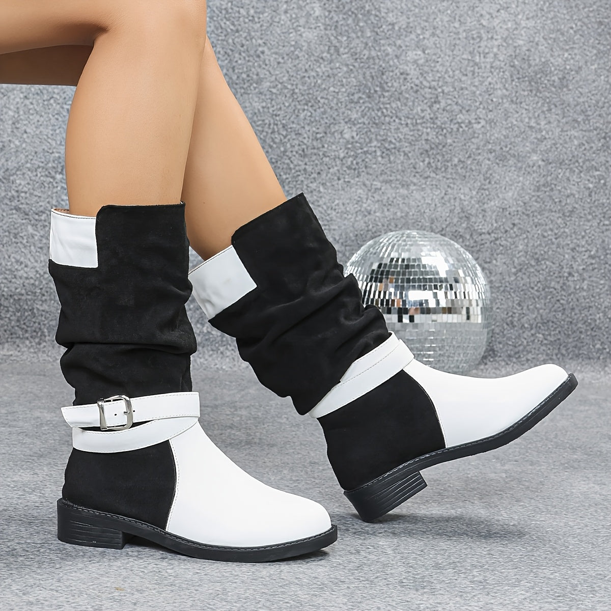 Chunky Heel Color-blocked Metal Buckle Embellished Boots