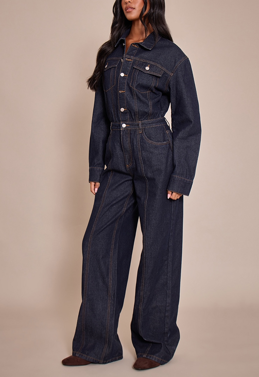 Long-sleeved Denim Jumpsuit