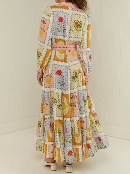 Printed Long Sleeve Belted Maxi Dress