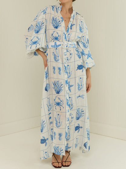 Printed Button Up Belted Maxi Dress