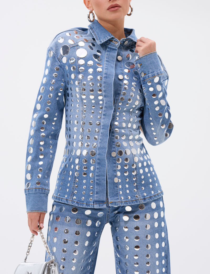 Round Metal Decoration Blue Denim Suit