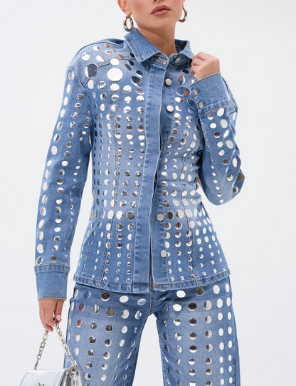 Round Metal Decoration Blue Denim Suit