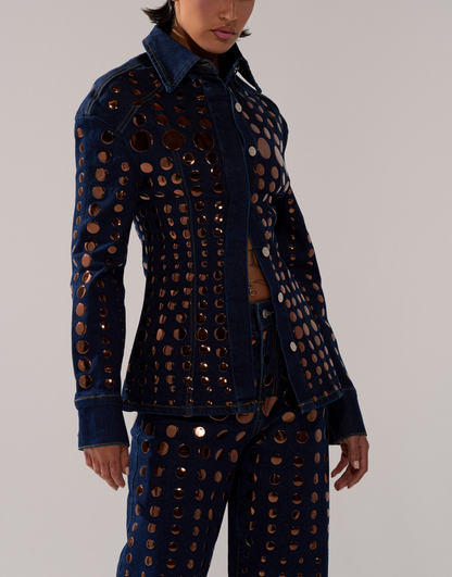 Round Metal Decoration Denim Suit