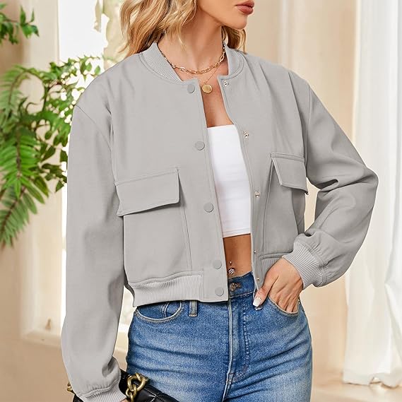 Fashion Thread Double Pocket Cropped Bomber Jacket